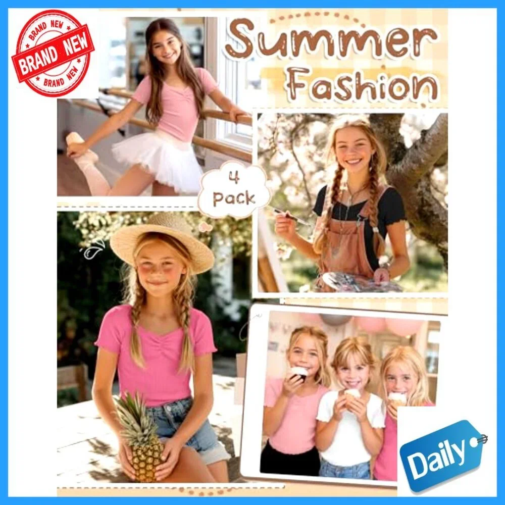 Girls Slim Fit V-Neck Tees 4 Pack Ribbed Lettuce Trim Short Sleeve Tops